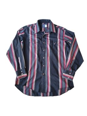 Wrangler 90s Vintage Mens Blue Stripes Pearl Snap Button Long Sleeve Shirt 17 XL